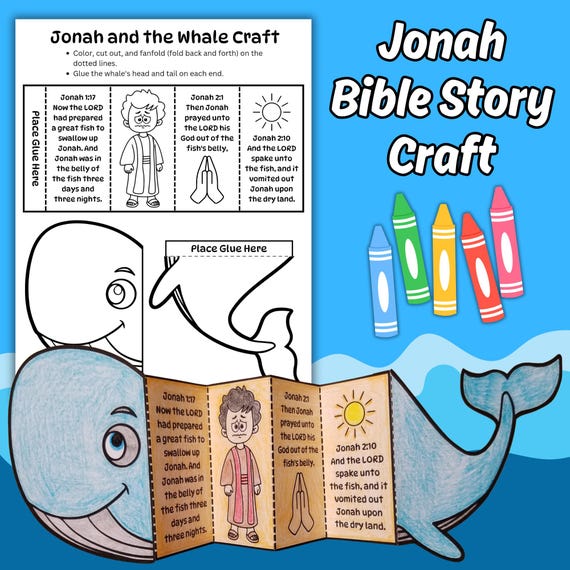 Jonah and the Whale Folding Suprise Bible Craft Printable for Kids Sunday School Bible Lesson Jonah Bible Verse Coloring Church Activity