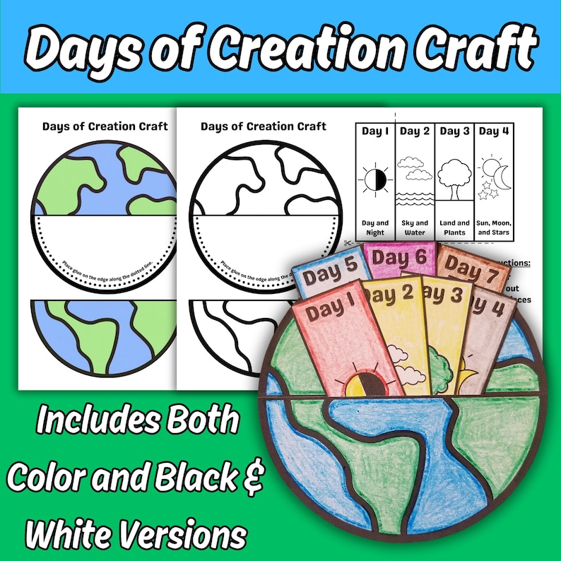 May include: A Days of Creation craft kit featuring printable templates with a globe design. The set includes both colour and black and white versions, with rectangular cards labelled Day 1 through Day 7 depicting various elements like the sun, moon, and plants.