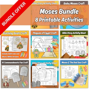 May include: A bundle of eight printable activities with the title "Moses Bundle." The activities include crafts and worksheets about the Bible stories of Moses, the Ten Commandments, and the Plagues of Egypt. Includes color and black & white versions.