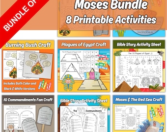 Moses Bible Crafts and Activities Printable Bundle for Kids Sunday School Lesson, Burning Bush, Plagues of Egypt, Red Sea, Ten Commandments