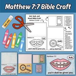 Puede incluir: Una manualidad bíblica imprimible para niños con una boca, una lupa y una puerta con el texto "Ask, Seek, and Knock Bible Craft" y "Matthew 7:7-8 KJV".