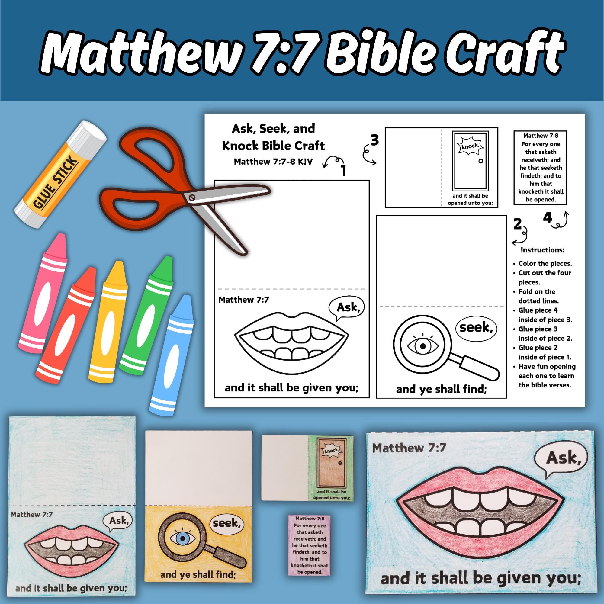 Matthew 7:7-8 Ask Seek Knock Bible Craft Printable for Kids Sunday School Class Bible Verse Coloring Church Activity Childrens Bible Lesson