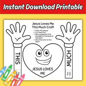 Puede incluir: Una manualidad imprimible en blanco y negro con el texto "Jesus Loves Me This Much Craft". La manualidad presenta dos manos, un coraz&oacute;n sonriente y las palabras "THIS" y "MUCH". Se incluyen instrucciones.