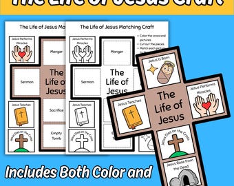 Leben von Jesus Matching Craft Druckbares Spiel für Kinder Sonntagsschule Bibelstunde, Geschichte von Jesus Kreuz Ausschneiden und Paste Kirche Färbung Aktivität
