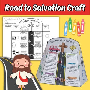 May include: A craft project titled "Road to Salvation" featuring a paper road with a car, Jesus, and Bible verses. Includes colorful crayons and instructions. The text includes "Jesus" and "The Only Way".