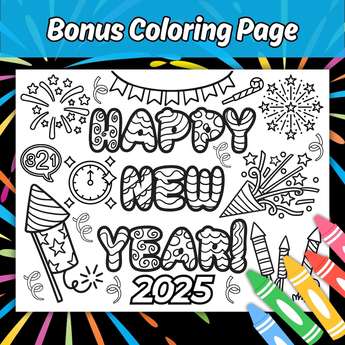 New Year's 2025 Coloring Activity Worksheets for Kids, New Year's Eve ...