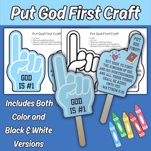 Puede incluir: Kit de manualidades con recortes de dedos de espuma con los textos "GOD IS #1" y "PUT GOD FIRST!" con un versículo bíblico. Incluye versiones en color y blanco y negro. Viene con crayones.