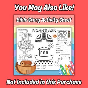 K&ouml;nnte beinhalten: Ein Arbeitsblatt zur biblischen Geschichte der Arche Noah mit einem Labyrinth, Malen nach Zahlen, Wortr&auml;tseln und Punkt-zu-Punkt-Bildern. Das Blatt enth&auml;lt Strichzeichnungen von Tieren, einem Regenbogen, einer Sonne, einem Boot und einer Taube sowie Textanweisungen.