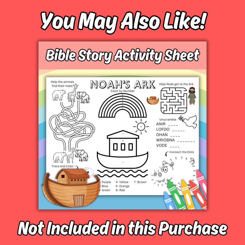 K&ouml;nnte beinhalten: Ein Arbeitsblatt zur biblischen Geschichte der Arche Noah mit einem Labyrinth, Malen nach Zahlen, Wortr&auml;tseln und Punkt-zu-Punkt-Bildern. Das Blatt enth&auml;lt Strichzeichnungen von Tieren, einem Regenbogen, einer Sonne, einem Boot und einer Taube sowie Textanweisungen.