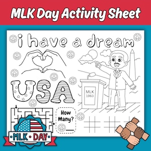 MLK Day Coloring Activity Worksheet for Kids, Martin Luther King Jr. Activity Printable Placemat, Black History Month Game Coloring Page
