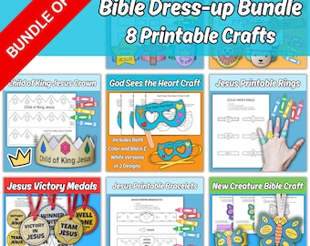 May include: A collection of eight printable Bible dress-up crafts. The crafts include paper bracelets, rings, crowns, medals, and butterfly decorations. The bundle includes both colour and black and white versions of the crafts.