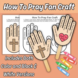 May include: A craft kit for making prayer fans. The kit includes colour and black and white versions of hand-shaped templates with prompts like "Thank God" and "Help me." The image also shows crayons.