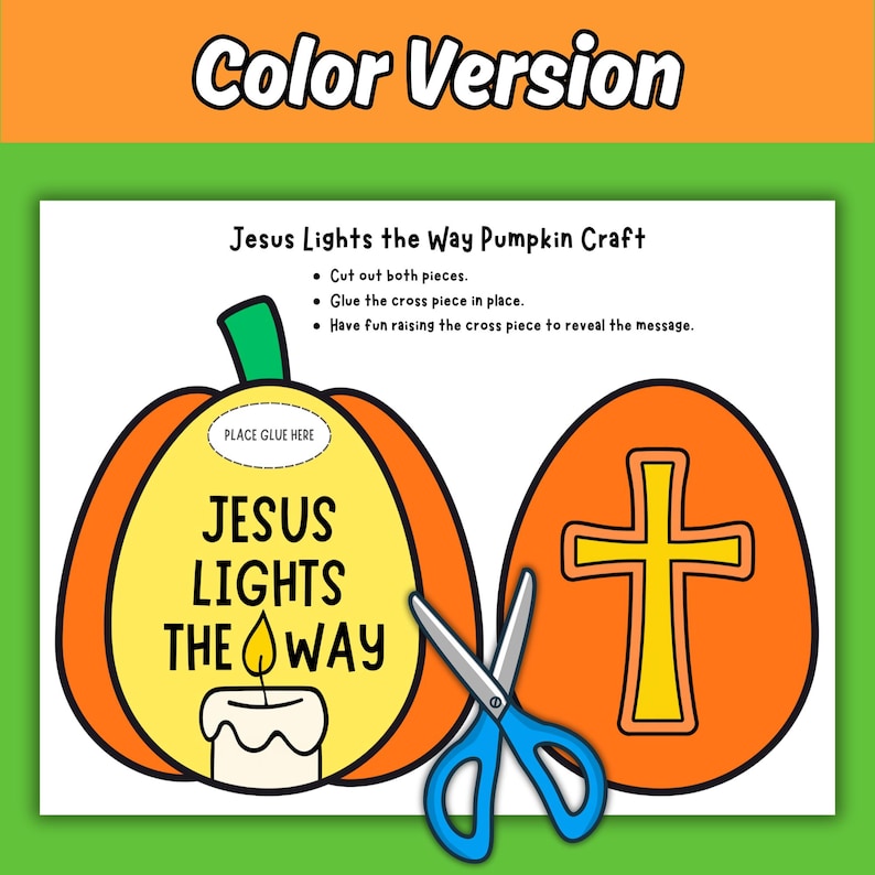 May include: A printable craft sheet titled Jesus Lights the Way Pumpkin Craft featuring a yellow pumpkin with a candle illustration and the text Jesus Lights the Way, a separate orange oval with a yellow cross, and a pair of blue-handled scissors.