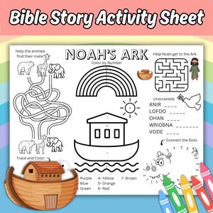 Noah&#39;s Ark Kids Printable Activity Sheet, Bible Story Coloring Activity Page, Noah&#39;s Ark Placemat Printable, Sunday School Activity