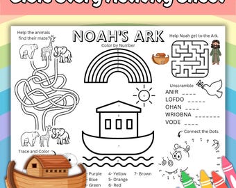 Hoja de actividades imprimible para niños sobre el Arca de Noé, página para colorear de la historia bíblica, mantel individual imprimible sobre el Arca de Noé, actividad para la escuela dominical