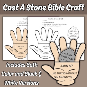 Może przedstawiać: Projekt rzemieślniczy zatytułowany "Cast A Stone Bible Craft" z instrukcjami i szablonami w kształcie dłoni. Zawiera zarówno wersje kolorowe, jak i czarno-białe. Projekt przedstawia dłoń trzymającą kamień z napisem "Let Him First Cast A Stone" i wersetem biblijnym.