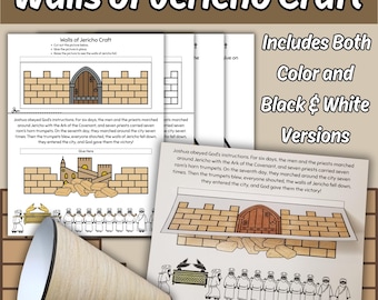 Manualidad imprimible de la historia bíblica de las murallas de Jericó para niños, lección de escuela dominical; manualidad de trompeta de cuerno de carnero, actividad para colorear para niños de la iglesia.