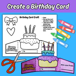 Carte joyeux anniversaire à imprimer, coloriez et fabriquez votre propre gâteau d'anniversaire fait main, activité manuelle, imprimez et coloriez votre carte d'anniversaire pour enfants