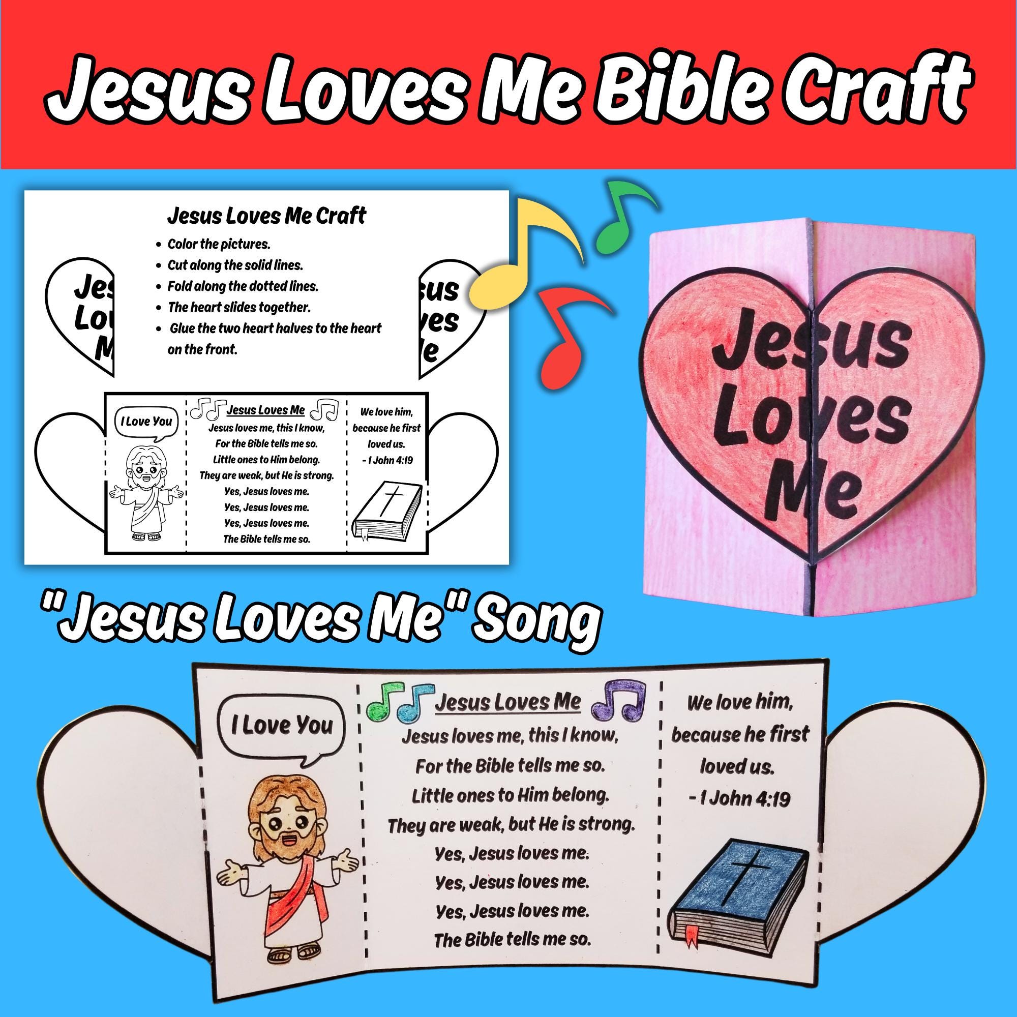 Jesus Loves Me Bible Craft Printable for Kids Bible Lesson, Jesus Loves Me Sunday School Song, 1 John 4:19 Bible Verse Heart Church Activity