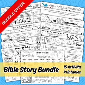 Bible Story Activity Placemat Bundle for Kids, 15 Printable Christian Bible Stories Activity Coloring Pages for Sunday School Church Lesson