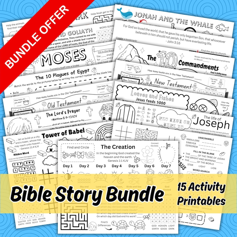 May include: A colourful printable activity bundle for children featuring Bible stories. The bundle includes 15 different activities, such as word searches, mazes, and colouring pages. The activities are based on stories from the Old and New Testaments, including Moses, Jonah and the Whale, and the Creation.