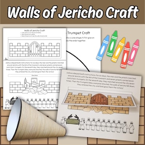 Pode incluir: Um projeto de artesanato intitulado "Walls of Jericho Craft" com instruções e ilustrações. Inclui uma trombeta em forma de cone, páginas para colorir e lápis de cor. O texto descreve a história de Josué e a queda de Jericó.