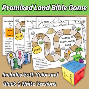 Puede incluir: Un juego de mesa titulado "Promised Land Bible Game" con versiones en color y blanco y negro. El juego incluye tableros, fichas y un dado. Los tableros presentan un camino con ilustraciones de una tienda de campaña, nubes y un fuego. El dado tiene las palabras "Move" y "Spaces".