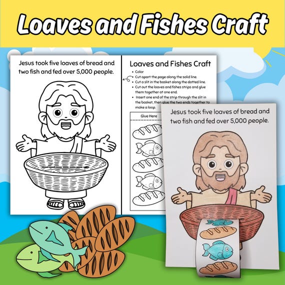 Loaves and Fishes Bible Story Craft for Kids Sunday School Lesson Jesus Feeds 5,000 Printable Children's Christian Church Classroom Activity