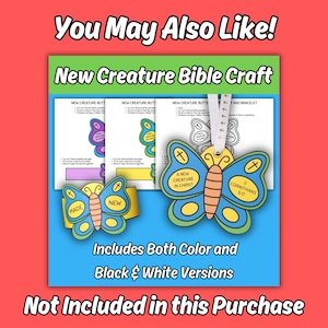 K&ouml;nnte beinhalten: Ein druckbares Bastelset mit Schmetterlingsmotiven und dem Text New Creature Bible Craft, A New Creature in Christ, 2 Corinthians 5:17 und Made New. Das Set enth&auml;lt Schmetterlingsvorlagen in Farbe sowie in Schwarz-Wei&szlig; f&uuml;r Halsketten und Armb&auml;nder.