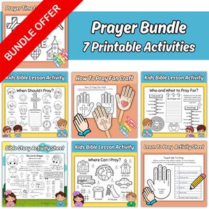 May include: A bundle of seven printable prayer activities for kids. The bundle includes lesson sheets, fan crafts, and activity sheets with illustrations of children, crosses, and hands. The text includes "Prayer Bundle" and "Kids Bible Lesson Activity".