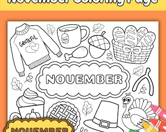Month of November Printable Coloring Placemat Page for Kids, Simple and Bold Fall Holiday Themed Coloring Sheet Activity Page for Children