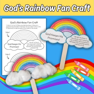 May include: A colorful rainbow fan craft with the text "God's Rainbow Fan Craft." The craft includes a rainbow, a cloud with the text "God Keeps His Promises!" and a Bible verse. Crayons are visible in the image.