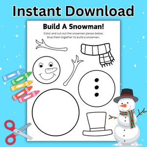 Build A Snowman Printable Winter Activity for Kids, Snowman Color, Cut, and Paste Christmas Craft Worksheet, Snowman Activity Printable