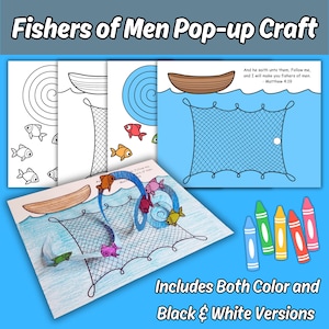 Fishers of Men Pop-up Bible Craft Printable for Kids Sunday School Bible Lesson Matthew 4:19 Bible Verse Color Cut and Paste Church Activity