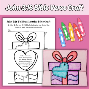 John 3:16 Valentine's Day Folding Surprise Bible Craft Printable for Kids Sunday School Class, Bible Verse Heart Gift Coloring Activity