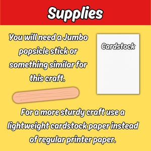 Puede incluir: Imagen que muestra materiales de manualidades. Se muestra un palito de helado jumbo y un papel de cartulina blanco. El texto dice "Suministros", "Necesitar&aacute;s un palito de helado Jumbo o algo similar para esta manualidad" y "Para una manualidad m&aacute;s resistente, usa papel de cartulina ligero en lugar de papel de impresora normal."