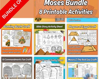 Moses Bibel Handwerk und Aktivitäten druckbares Bündel für Kinder Sonntagsschulunterricht, Brennender Busch, Plagen Ägyptens, Rotes Meer, Zehn Gebote