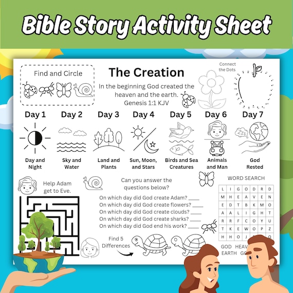The Creation Kids Activity Sheet, Bible Story Coloring Activity Page, Creation Activity Placemat, God's 7 Days of Creation Printable