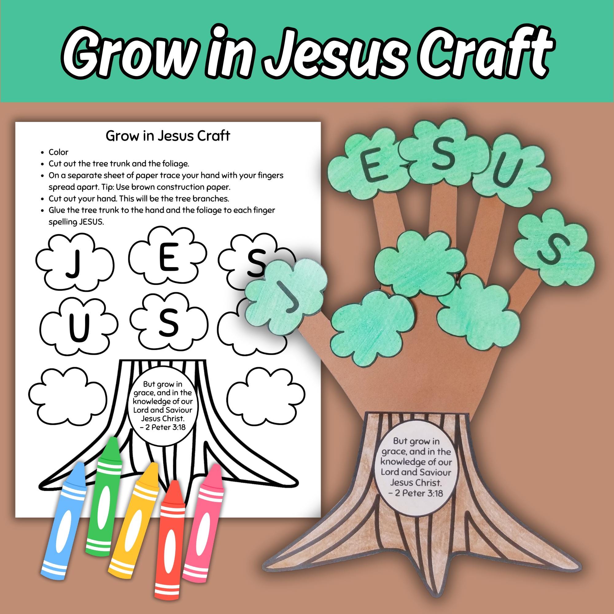 Grow In Jesus Tree Craft Printable Activity for Kids Sunday School Bible Lesson, Children's Color Cut and Paste Church Activity 2 Peter 3:18