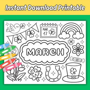 Pu&ograve; includere: Una pagina da colorare stampabile in bianco e nero con una variet&agrave; di illustrazioni a tema San Patrizio, tra cui un trifoglio, un arcobaleno, un cappello da folletto, un ferro di cavallo, un uccello, un fiore e un calendario con la data 17 marzo. La parola "MARZO" &egrave; scritta in grandi lettere nella parte superiore della pagina.