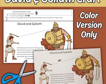 May include: A craft activity sheet titled "David & Goliath Craft" with illustrations of the biblical story. The sheet includes instructions, a stone cutout, and images of David and Goliath. A pair of blue scissors is in the foreground.