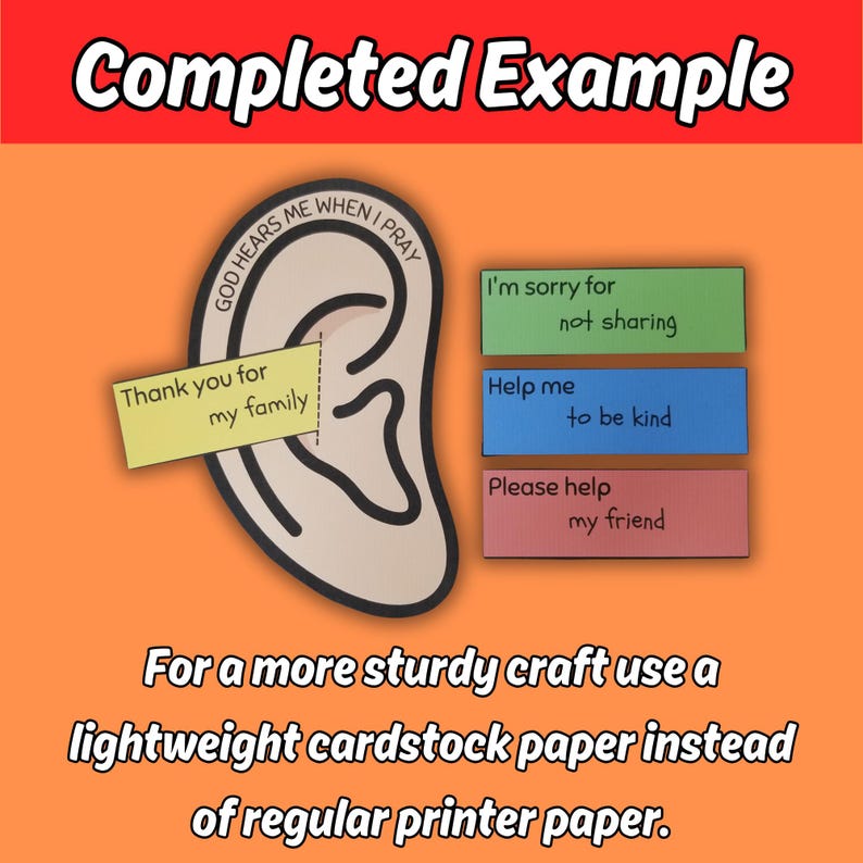 May include: A craft project example featuring a paper ear with the text "God hears me when I pray." Attached are colorful rectangles with phrases like "Thank you for my family," "I'm sorry for not sharing," and "Help me to be kind."