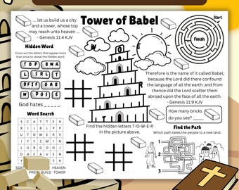 Tower of Babel Activity Sheet, Bible Story Coloring Activity Page, Tower of Babel Activity Placemat, Tower of Babel Bible Lesson Printable