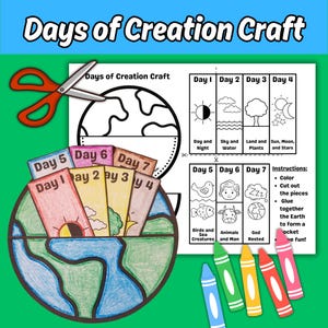 Die Schöpfungs-Handwerk-Bibel-Geschichten-Färbungsaktivität für Kinder, Gottes 7 Tage der Schöpfung druckbar, am Anfang Genesis-Sonntagsschulunterricht