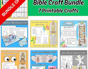 Bible Craft Bundle for Kids, 7 Printable Color Cut Paste Christian Bible Story Craft Activities for Children Sunday School Church Lesson