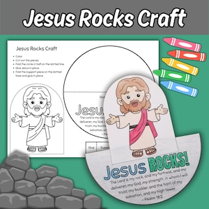 May include: A craft project titled "Jesus Rocks Craft" featuring a cartoon illustration of Jesus with open arms. The image includes instructions, a partially colored Jesus cutout, and a quote from Psalm 18:2.