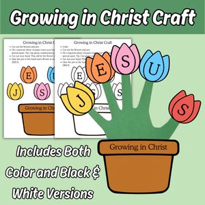 Growing In Christ Jesus Flower Craft Printable Activity for Kids Sunday School Bible Lesson, Children's Color Cut and Paste Church Activity