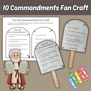 May include: A craft project titled "10 Commandments Fan Craft" featuring printed templates, a cartoon illustration of Moses holding tablets, and completed fan examples. Includes crayons for coloring and instructions for assembly. The text on the fan includes the Ten Commandments.