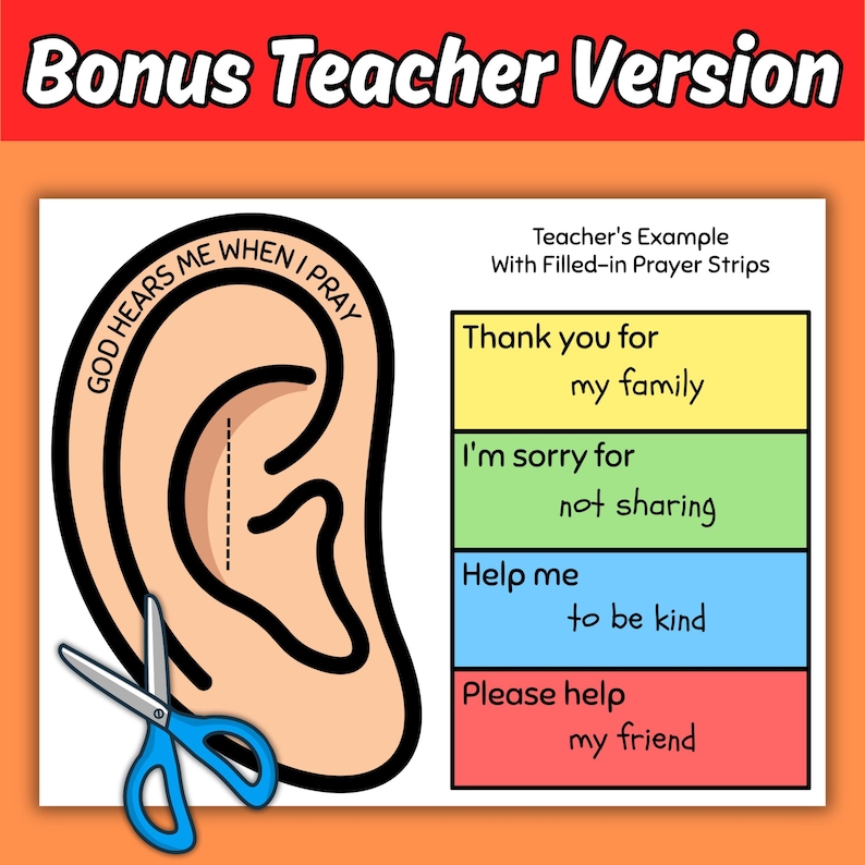 May include: A colorful educational resource with a large ear illustration and the text "God Hears Me When I Pray." Includes a section with prayer prompts: "Thank you for my family," "I'm sorry for not sharing," "Help me to be kind," and "Please help my friend."