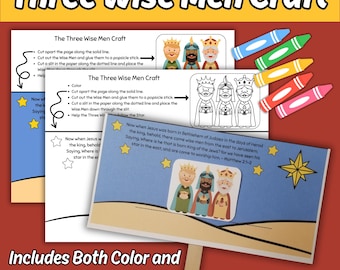 May include: A Three Wise Men craft activity sheet featuring both color and black-and-white versions. The printed paper includes instructions, illustrations of three figures in crowns, a star, and text from Matthew 2:1-2. Five colorful crayons are included.